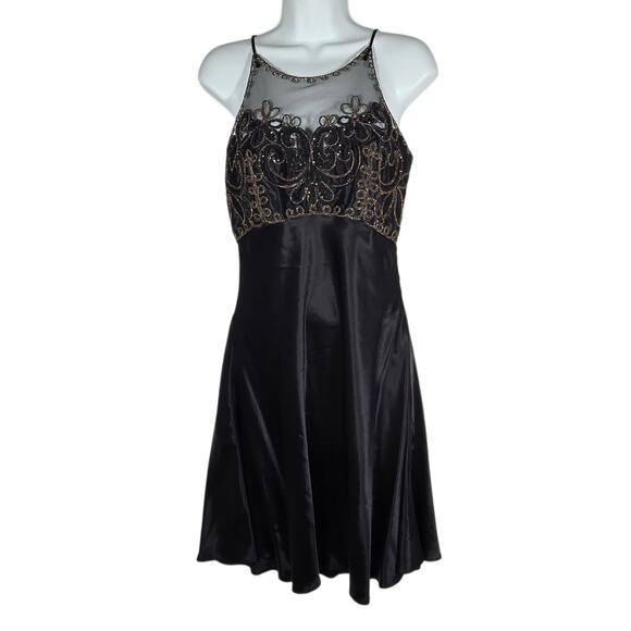Frederick's of Hollywood Dresses & Skirts - VTG Fredericks Of Hollywood Beaded Satin Cocktail Dress Womens 7 Black Mesh NEW